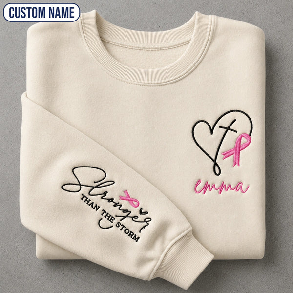 Personalized Stronger Than The Storm Embroidered Unisex Crewneck Sweatshirt, Pink Ribbon Awareness Gift
