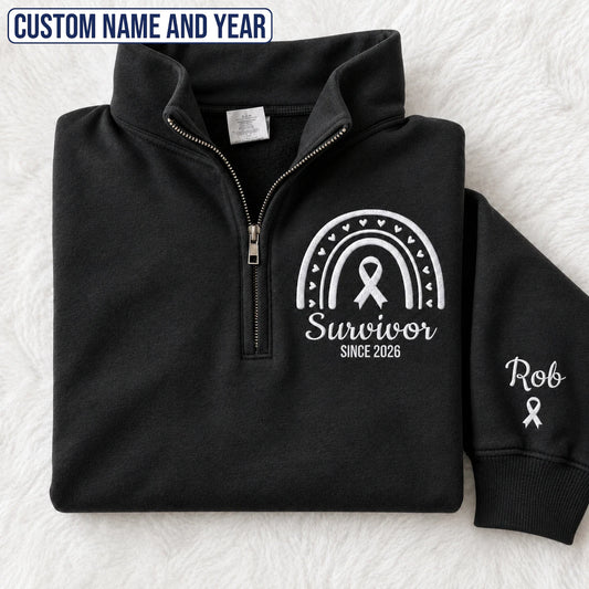 Personalized Pearl White Ribbon Inspired Name & Year Embroidered Unisex Quarter Zip Sweatshirt, Awareness Gift