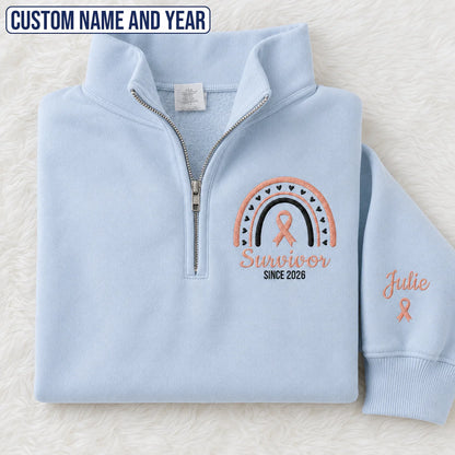 Personalized Peach Ribbon Inspired Name & Year Embroidered Unisex Quarter Zip Sweatshirt, Awareness Gift