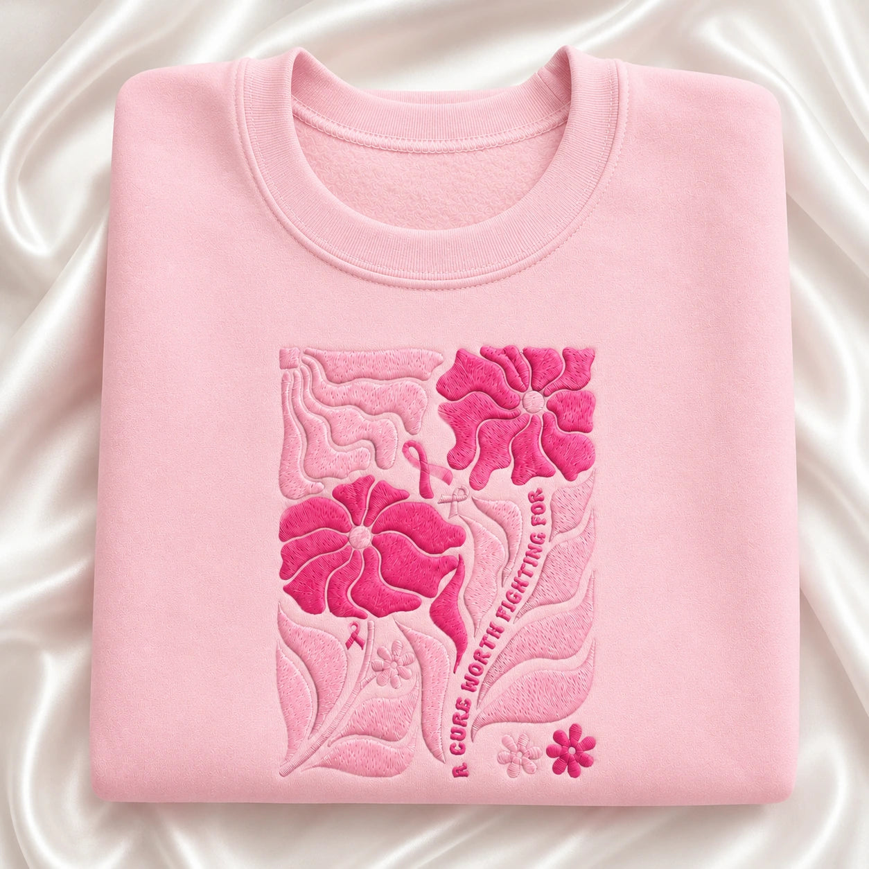 A Cure Worth Fighting For Embroidered Unisex Crewneck Sweatshirt, Pink Ribbon Awareness Gift