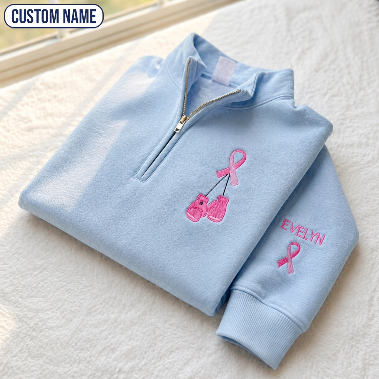 Personalized Pink Ribbon Boxing Gloves Embroidered Unisex Quarter Zip Sweatshirt, Awareness Gift