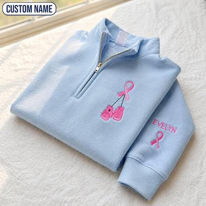 Personalized Pink Ribbon Boxing Gloves Embroidered Unisex Quarter Zip Sweatshirt, Awareness Gift