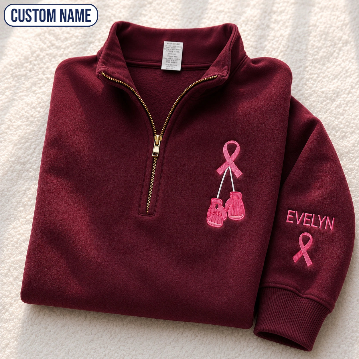 Personalized Pink Ribbon Boxing Gloves Embroidered Unisex Quarter Zip Sweatshirt, Awareness Gift