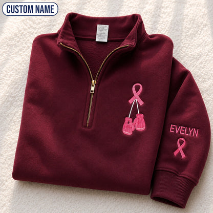 Personalized Pink Ribbon Boxing Gloves Embroidered Unisex Quarter Zip Sweatshirt, Awareness Gift