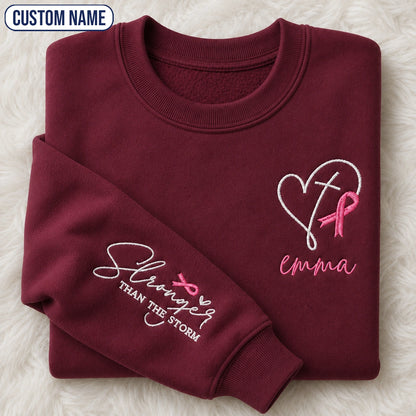 Personalized Stronger Than The Storm Embroidered Unisex Crewneck Sweatshirt, Pink Ribbon Awareness Gift