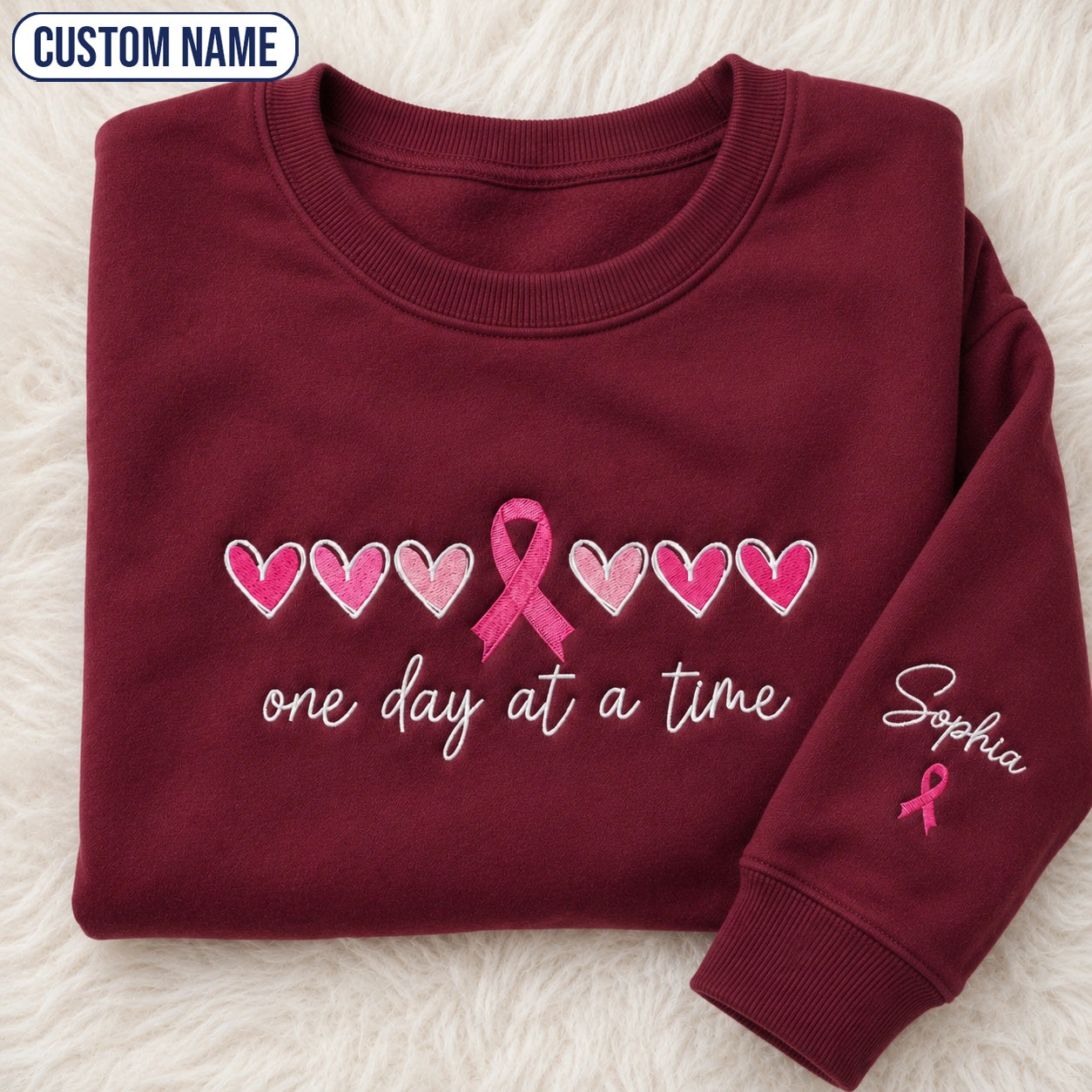 Personalized One Day At A Time Embroidered Unisex Crewneck Sweatshirt, Pink Ribbon Awareness Gift