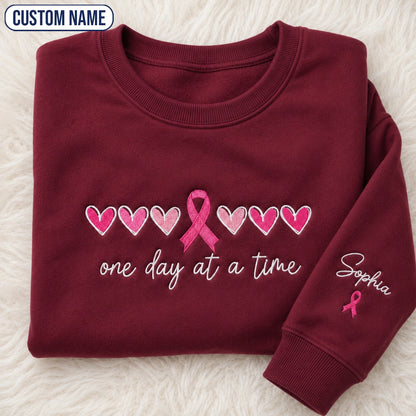 Personalized One Day At A Time Embroidered Unisex Crewneck Sweatshirt, Pink Ribbon Awareness Gift