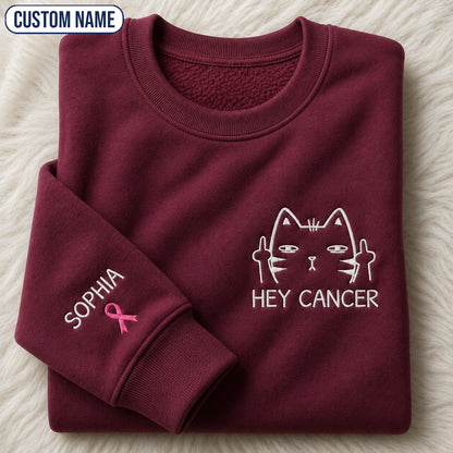 Personalized Funny Cat Pink Ribbon Embroidered Unisex Crewneck Sweatshirt, Awareness Gift
