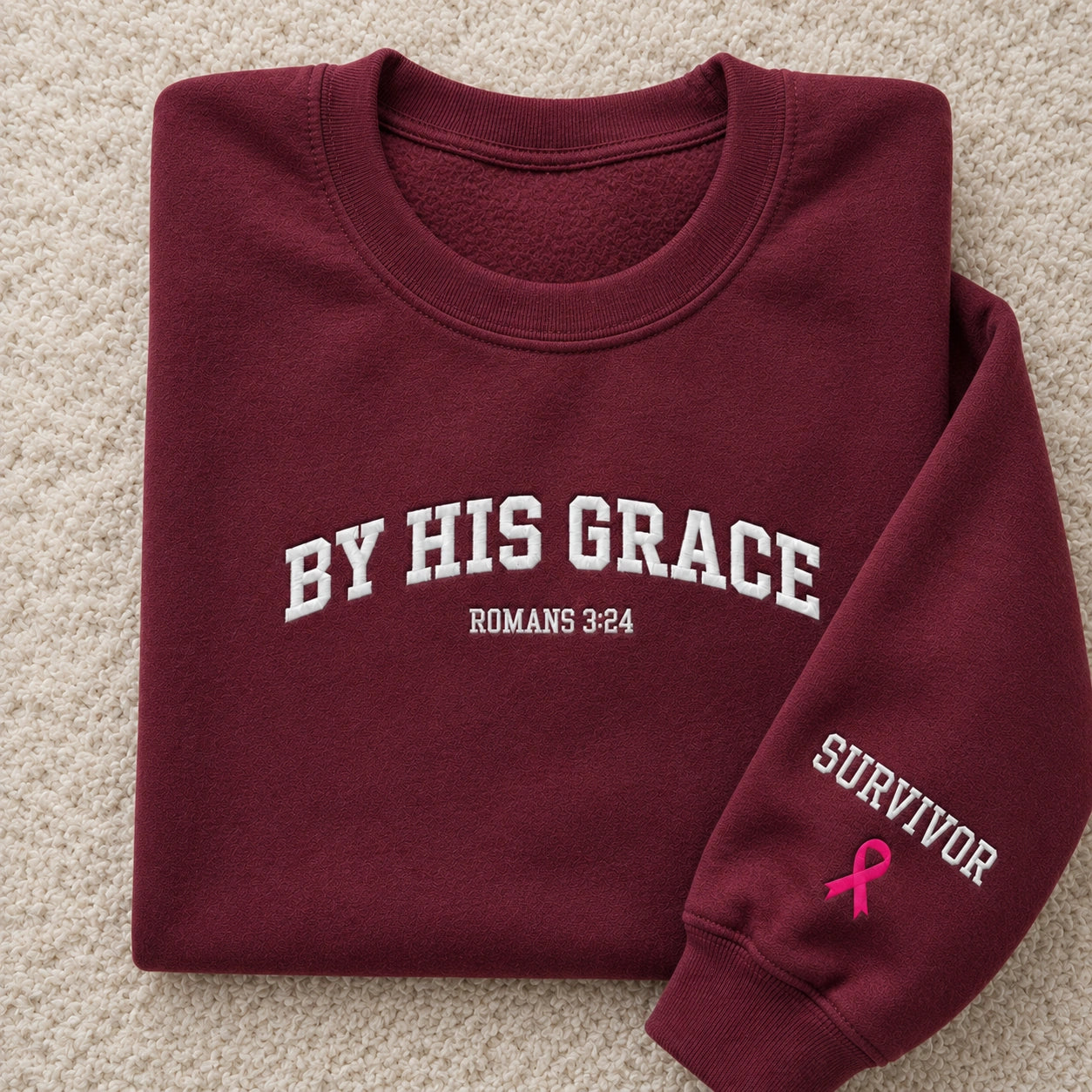 By His Grace Embroidered Unisex Crewneck Sweatshirt, Pink Ribbon Awareness Gift