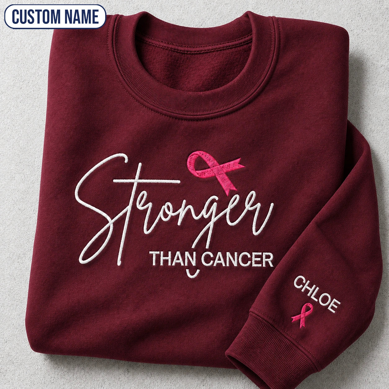 Personalized Stronger Pink Ribbon Embroidered Unisex Crewneck Sweatshirt, Awareness Gift
