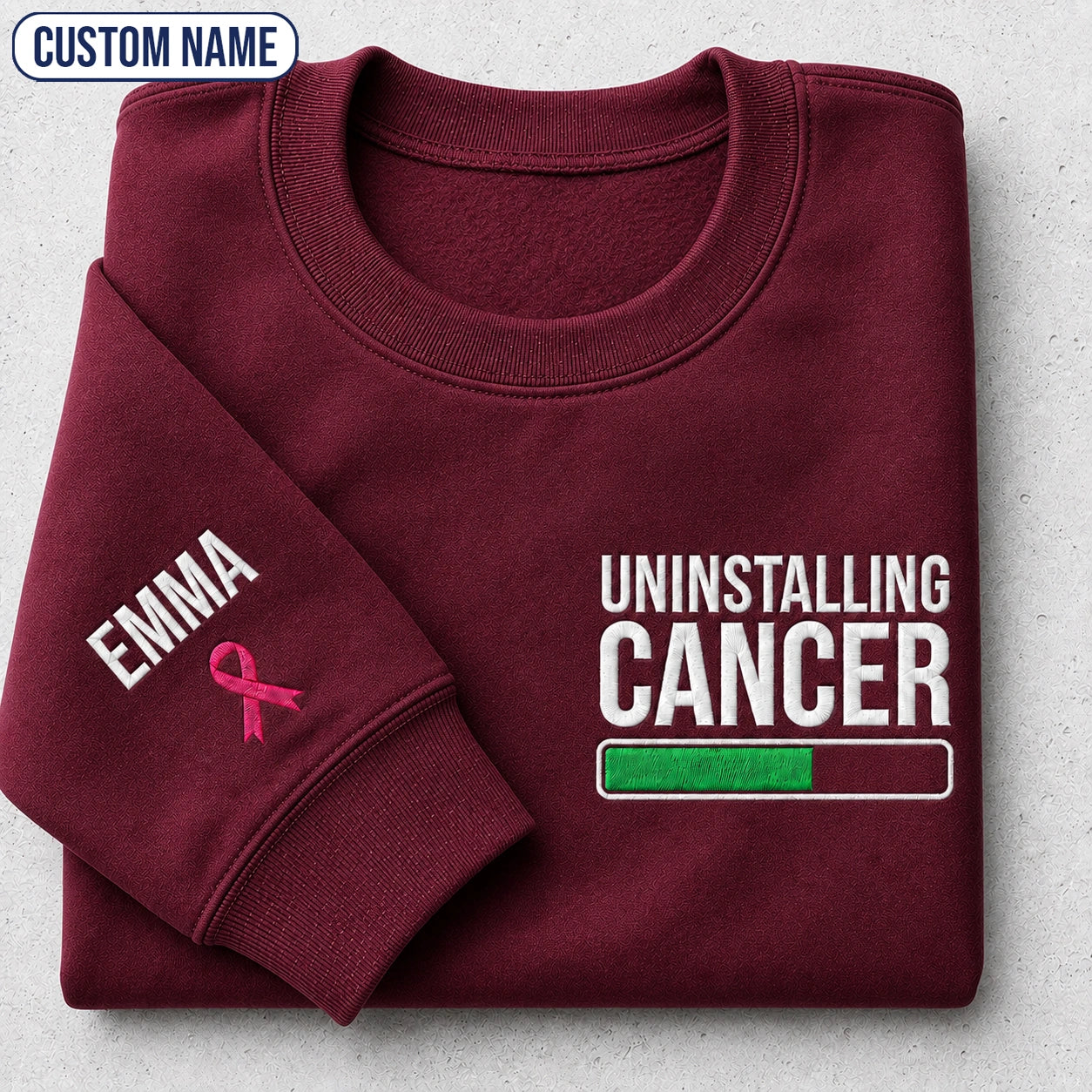 Personalized Uninstalling Embroidered Unisex Crewneck Sweatshirt, Pink Ribbon Awareness Gift