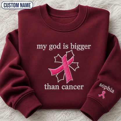 Personalized My God Is Bigger Embroidered Unisex Crewneck Sweatshirt, Pink Ribbon Awareness Gift