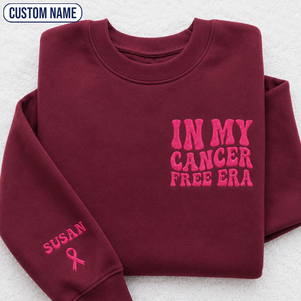 Personalized In My Free Era Pink Ribbon Embroidered Unisex Crewneck Sweatshirt, Awareness Gift