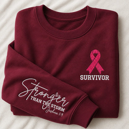 Stronger Than The Storm Embroidered Unisex Crewneck Sweatshirt, Pink Ribbon Awareness Gift