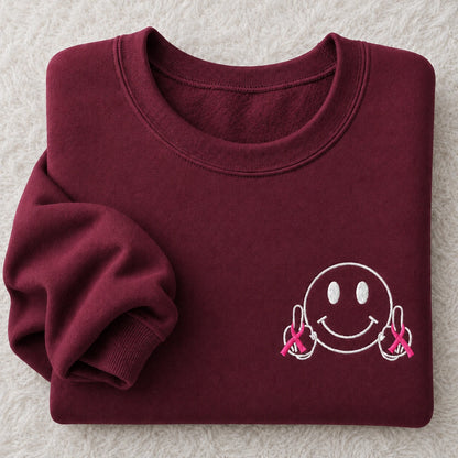 Hey Pink Ribbon Smiley Embroidered Unisex Crewneck Sweatshirt, Awareness Gift