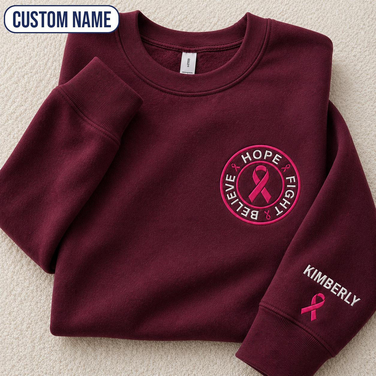 Personalized Believe Hope and Fight Embroidered Unisex Crewneck Sweatshirt, Pink Ribbon Awareness Gift
