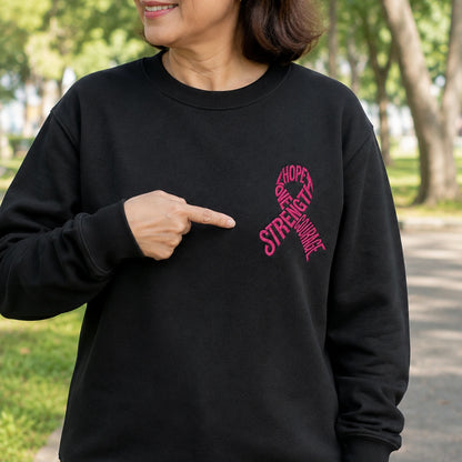 Hope Love Strength Courage Pink Ribbon Embroidered Unisex Crewneck Sweatshirt, Awareness Gift