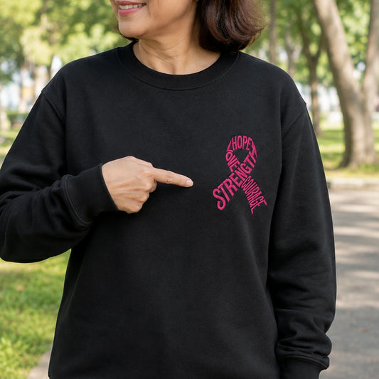 Hope Love Strength Courage Pink Ribbon Embroidered Unisex Crewneck Sweatshirt, Awareness Gift