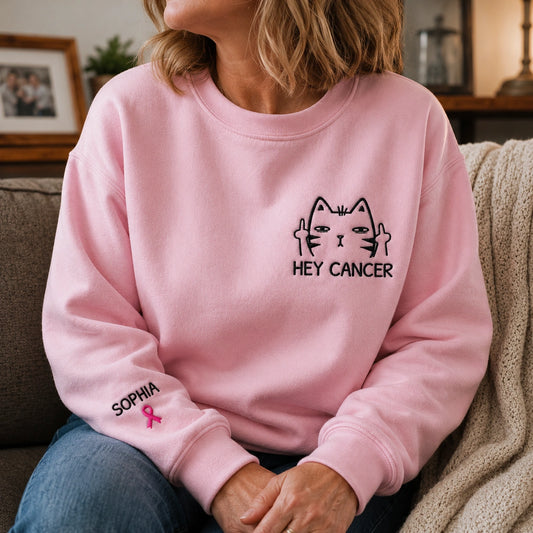 Personalized Funny Cat Pink Ribbon Embroidered Unisex Crewneck Sweatshirt, Awareness Gift