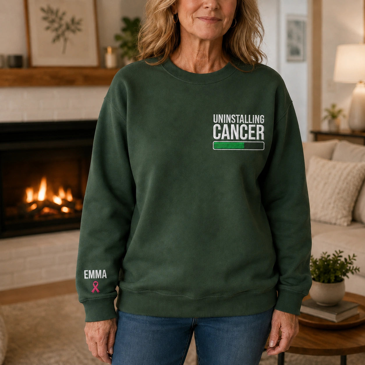 Personalized Uninstalling Embroidered Unisex Crewneck Sweatshirt, Pink Ribbon Awareness Gift