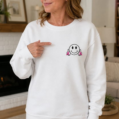 Hey Pink Ribbon Smiley Embroidered Unisex Crewneck Sweatshirt, Awareness Gift