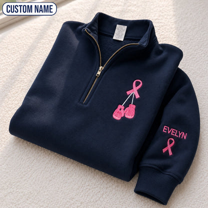 Personalized Pink Ribbon Boxing Gloves Embroidered Unisex Quarter Zip Sweatshirt, Awareness Gift