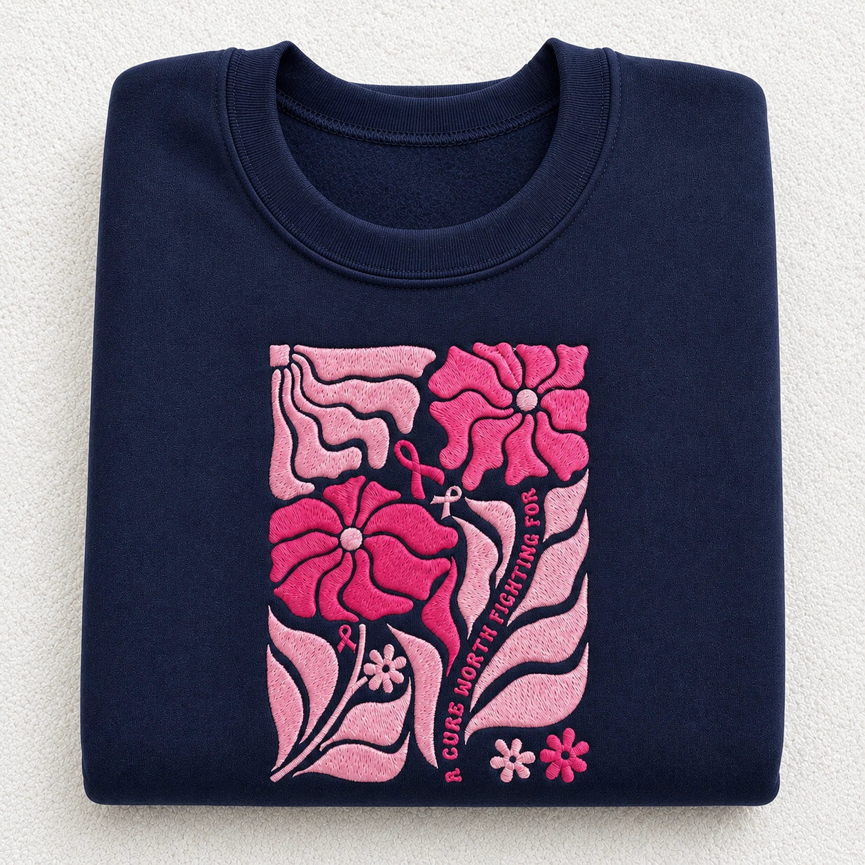 A Cure Worth Fighting For Embroidered Unisex Crewneck Sweatshirt, Pink Ribbon Awareness Gift