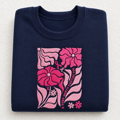 A Cure Worth Fighting For Embroidered Unisex Crewneck Sweatshirt, Pink Ribbon Awareness Gift