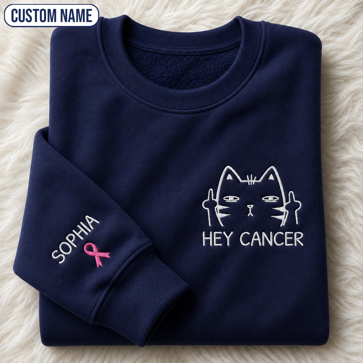 Personalized Funny Cat Pink Ribbon Embroidered Unisex Crewneck Sweatshirt, Awareness Gift