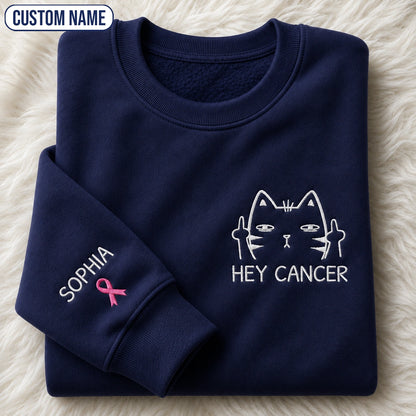 Personalized Funny Cat Pink Ribbon Embroidered Unisex Crewneck Sweatshirt, Awareness Gift