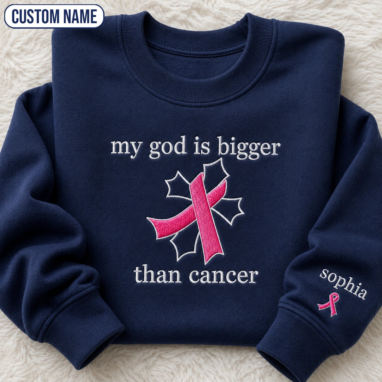 Personalized My God Is Bigger Embroidered Unisex Crewneck Sweatshirt, Pink Ribbon Awareness Gift