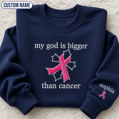 Personalized My God Is Bigger Embroidered Unisex Crewneck Sweatshirt, Pink Ribbon Awareness Gift