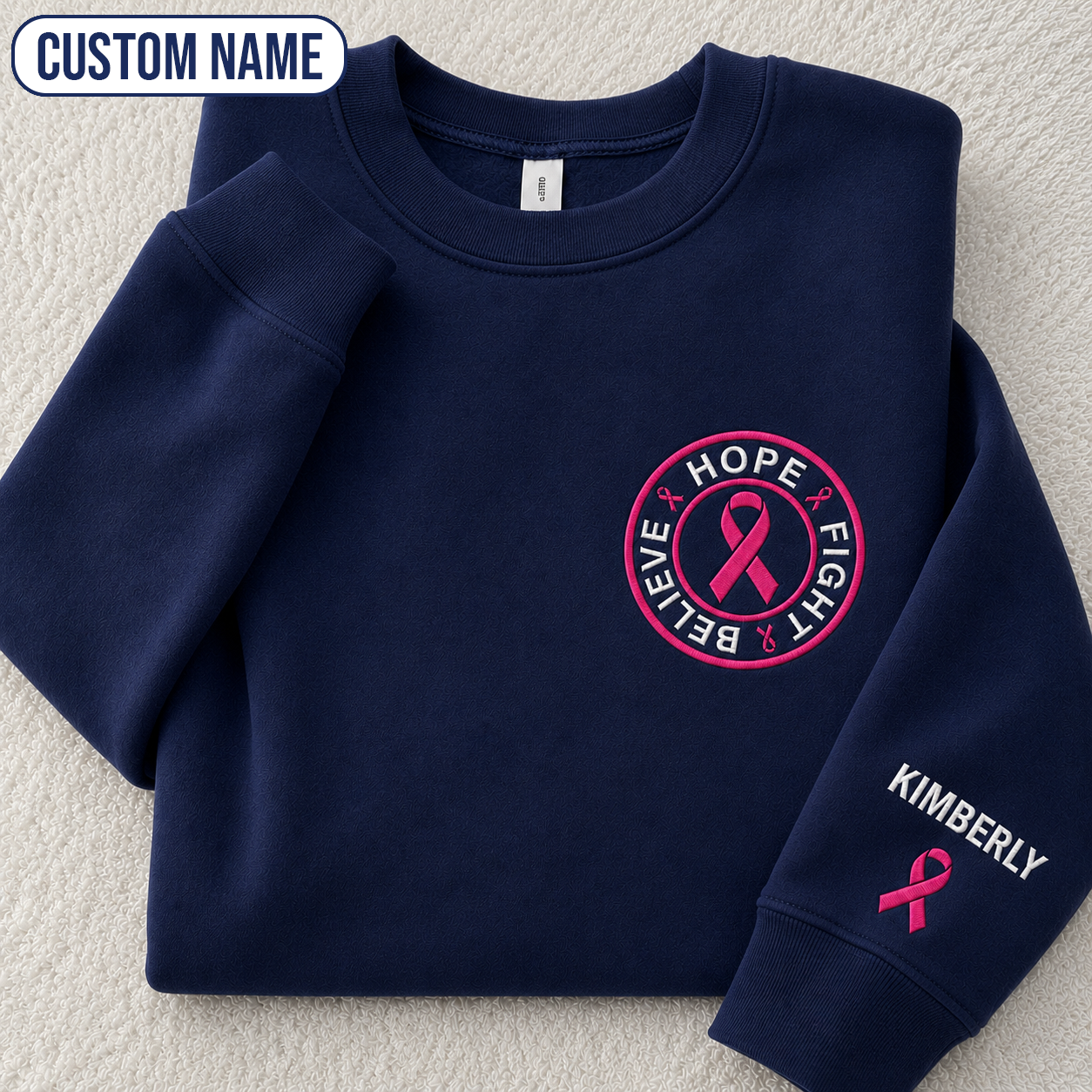 Personalized Believe Hope and Fight Embroidered Unisex Crewneck Sweatshirt, Pink Ribbon Awareness Gift