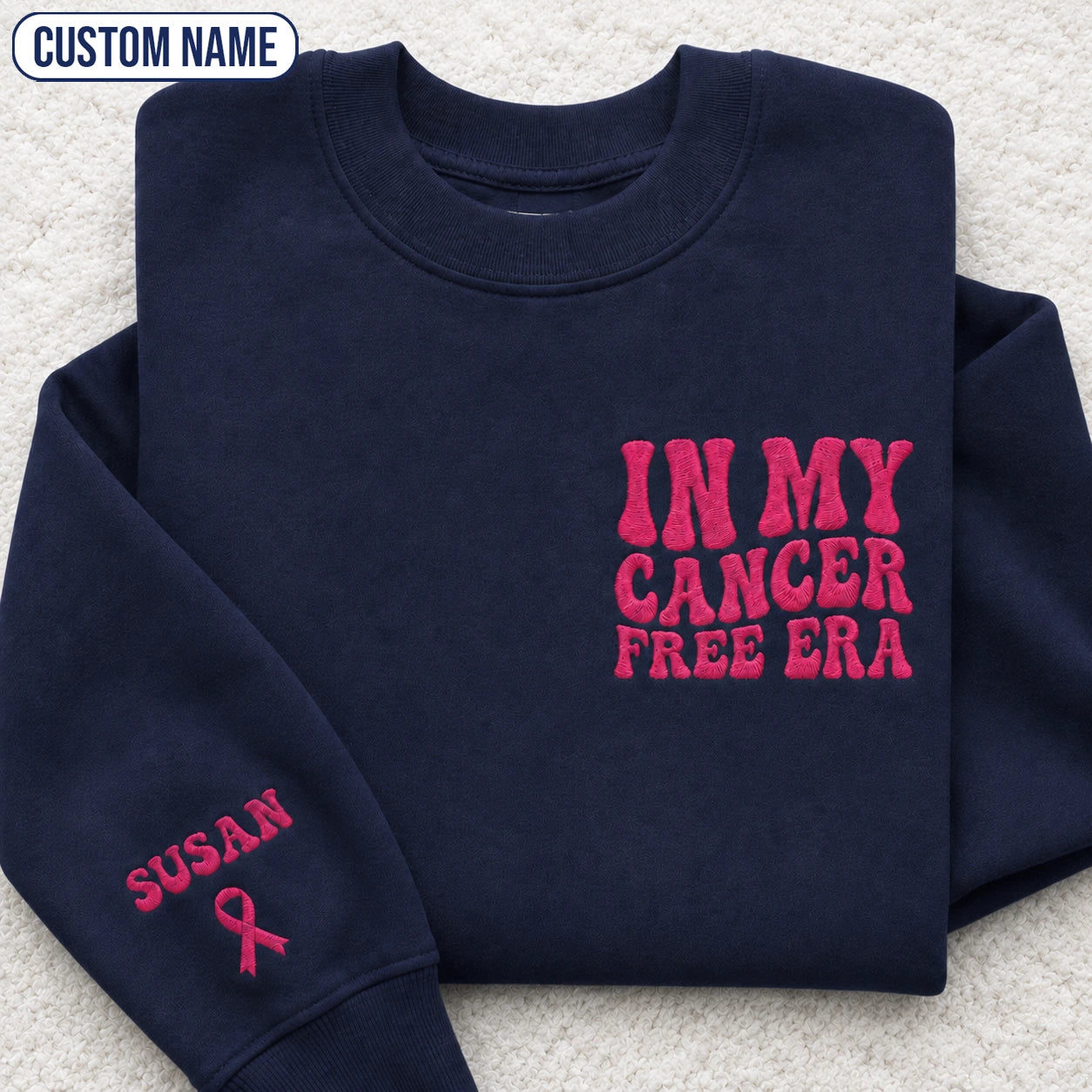 Personalized In My Free Era Pink Ribbon Embroidered Unisex Crewneck Sweatshirt, Awareness Gift