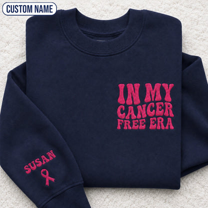 Personalized In My Free Era Pink Ribbon Embroidered Unisex Crewneck Sweatshirt, Awareness Gift
