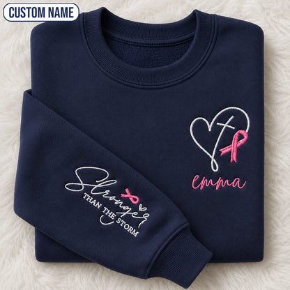 Personalized Stronger Than The Storm Embroidered Unisex Crewneck Sweatshirt, Pink Ribbon Awareness Gift