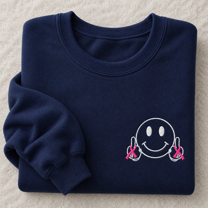 Hey Pink Ribbon Smiley Embroidered Unisex Crewneck Sweatshirt, Awareness Gift