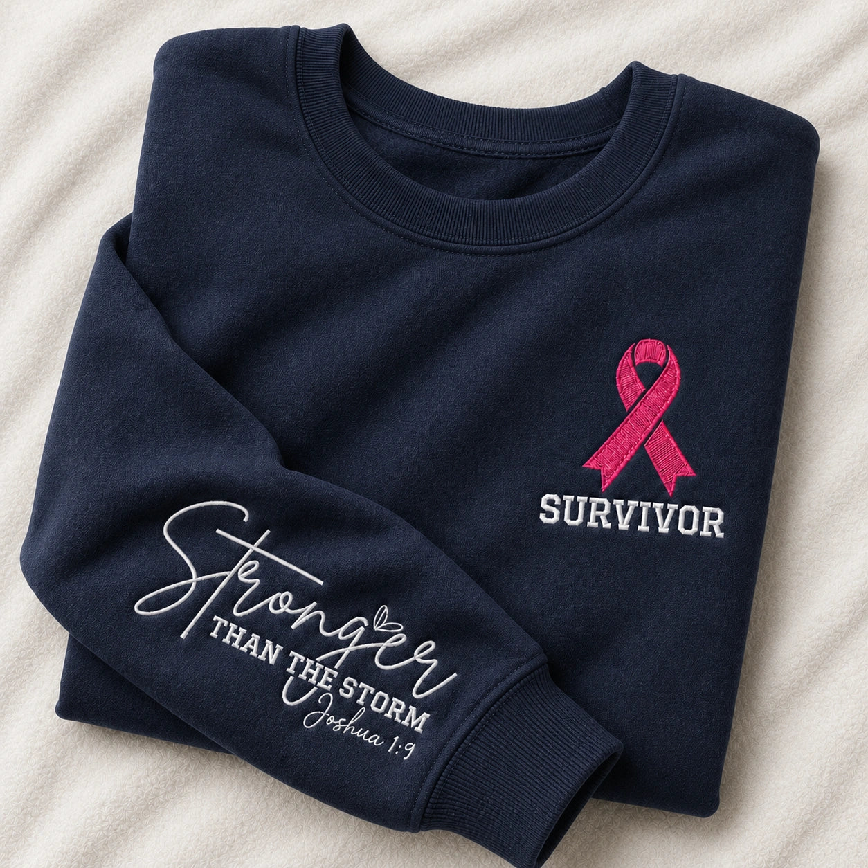Stronger Than The Storm Embroidered Unisex Crewneck Sweatshirt, Pink Ribbon Awareness Gift