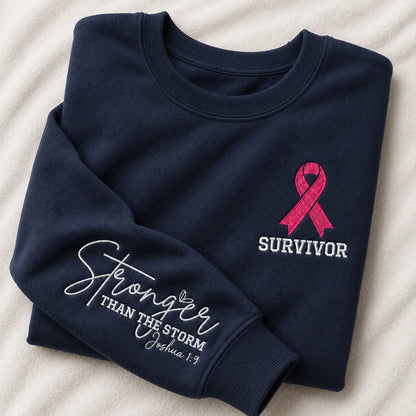 Stronger Than The Storm Embroidered Unisex Crewneck Sweatshirt, Pink Ribbon Awareness Gift
