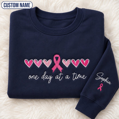 Personalized One Day At A Time Embroidered Unisex Crewneck Sweatshirt, Pink Ribbon Awareness Gift