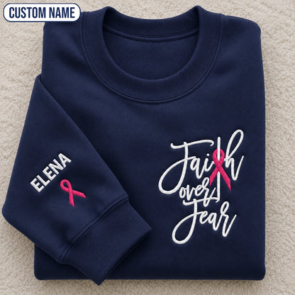 Personalized Faith Over Fear Embroidered Unisex Crewneck Sweatshirt, Pink Ribbon Awareness Gift