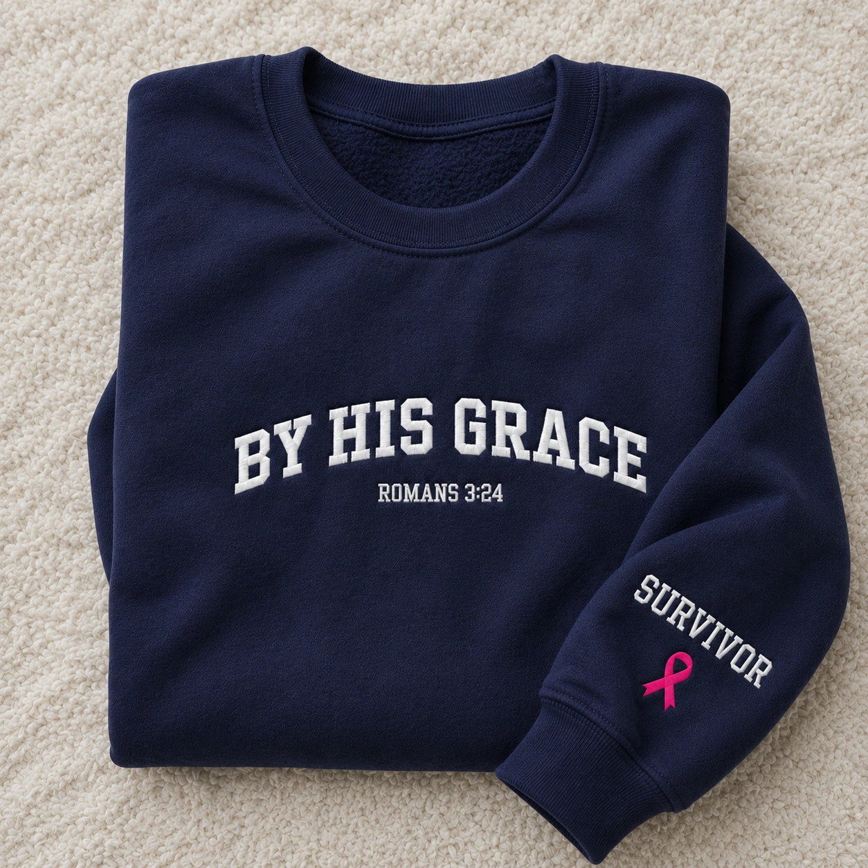 By His Grace Embroidered Unisex Crewneck Sweatshirt, Pink Ribbon Awareness Gift