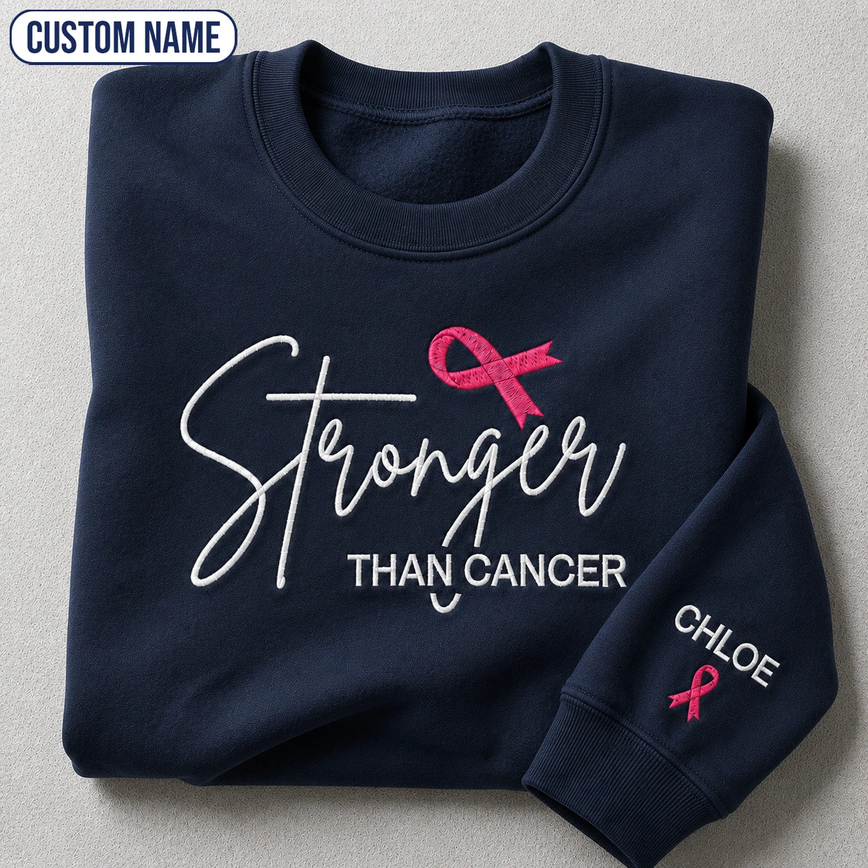 Personalized Stronger Pink Ribbon Embroidered Unisex Crewneck Sweatshirt, Awareness Gift