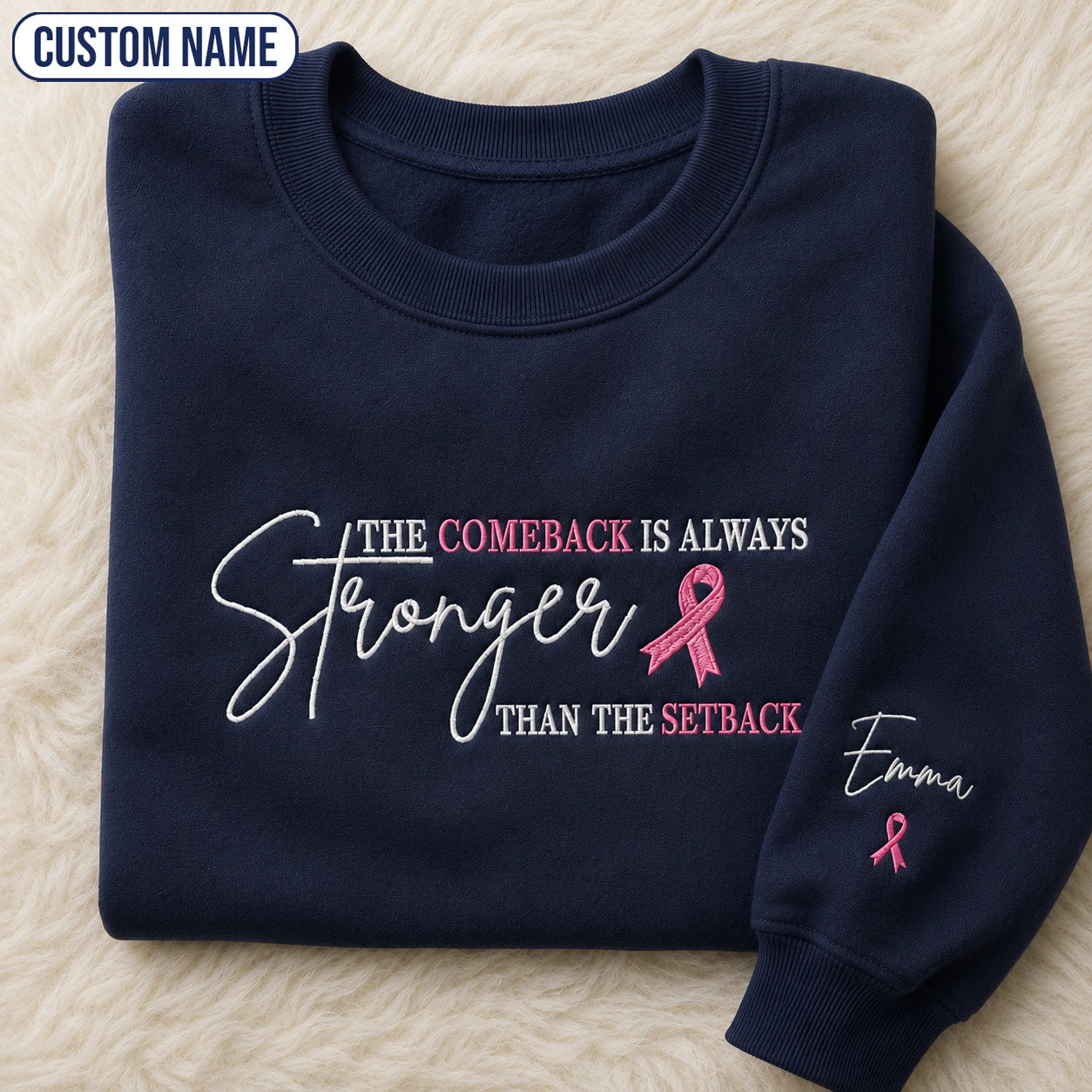 Personalized The Comeback Is Always Stronger Than The Setback Embroidered Unisex Crewneck Sweatshirt, Pink Ribbon Awareness Gift