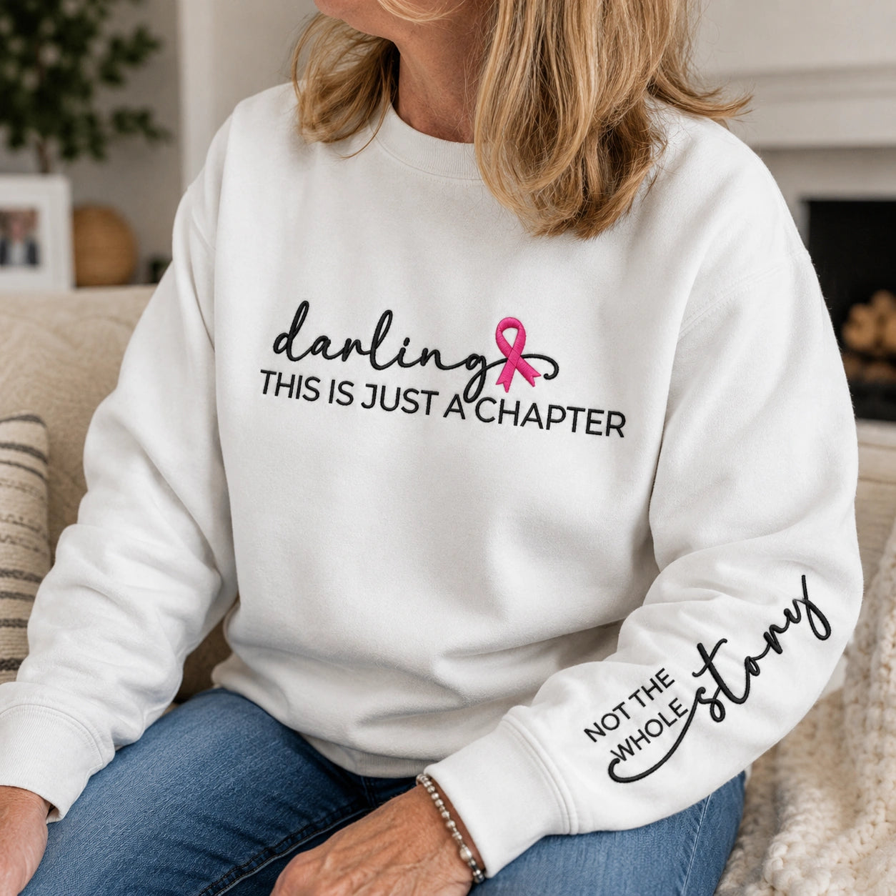 Darling This Is Just a Chapter Not The Whole Story Embroidered Unisex Crewneck Sweatshirt, Pink Ribbon Awareness Gift