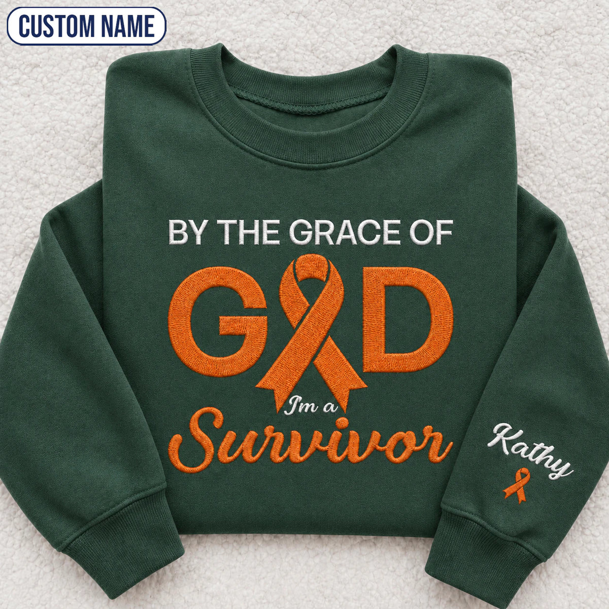 Personalized By the Grace of God Orange Ribbon Embroidered Unisex Crewneck Sweatshirt