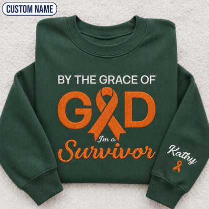 Personalized By the Grace of God Orange Ribbon Embroidered Unisex Crewneck Sweatshirt