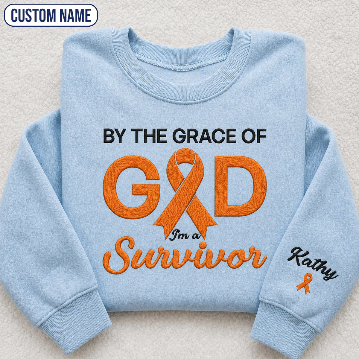 Personalized By the Grace of God Orange Ribbon Embroidered Unisex Crewneck Sweatshirt