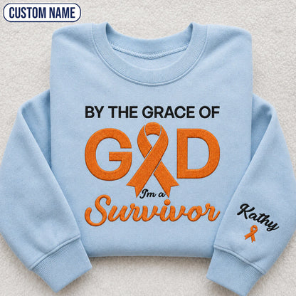 Personalized By the Grace of God Orange Ribbon Embroidered Unisex Crewneck Sweatshirt
