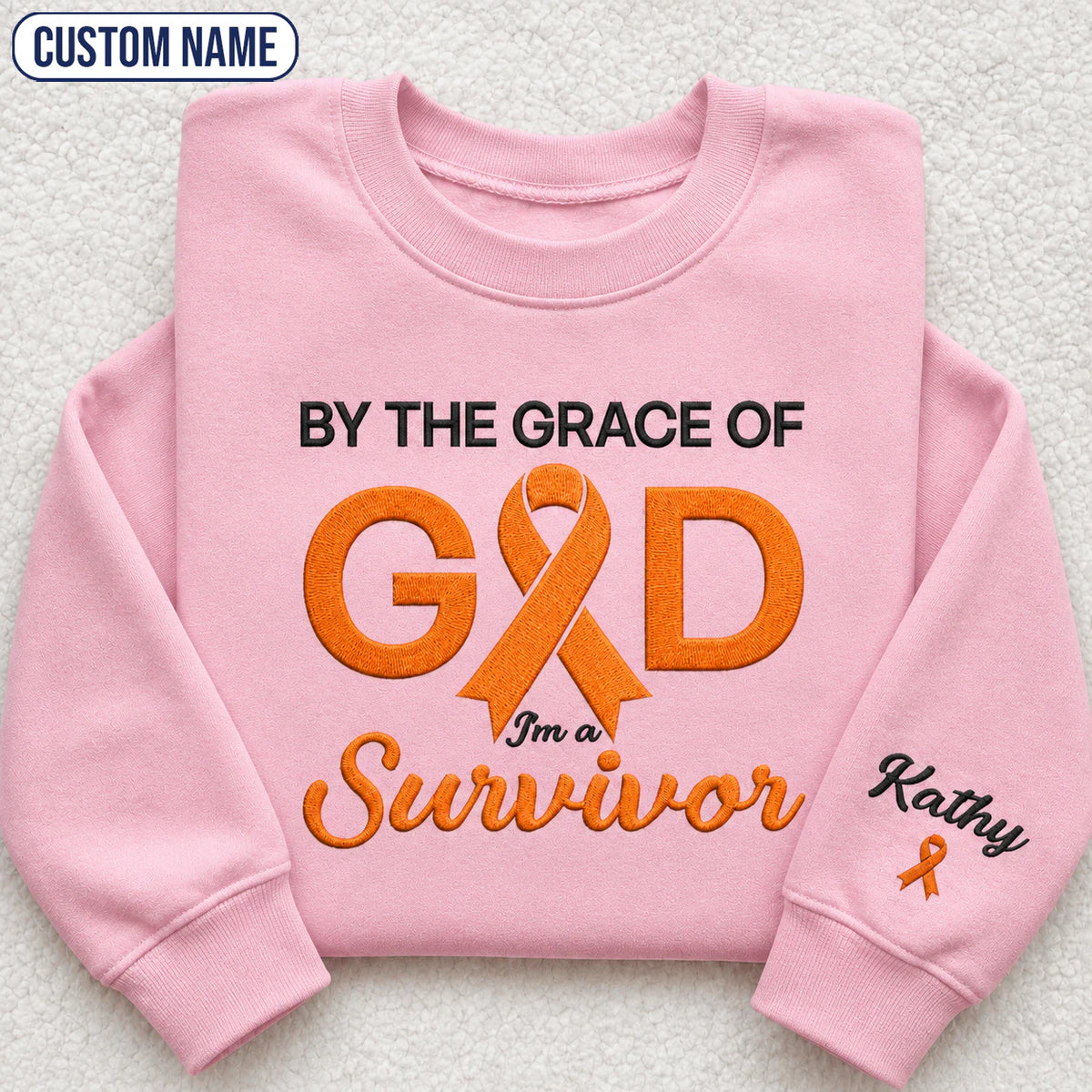 Personalized By the Grace of God Orange Ribbon Embroidered Unisex Crewneck Sweatshirt